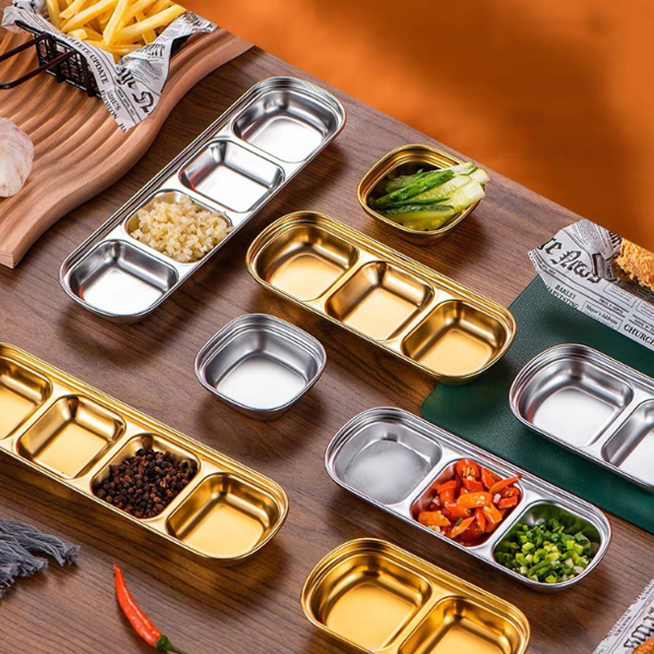 Best Stainless Steel Appetizer Serving Tray 1 2 3 4 Compartment Rectangular Divided Sauce Dishes